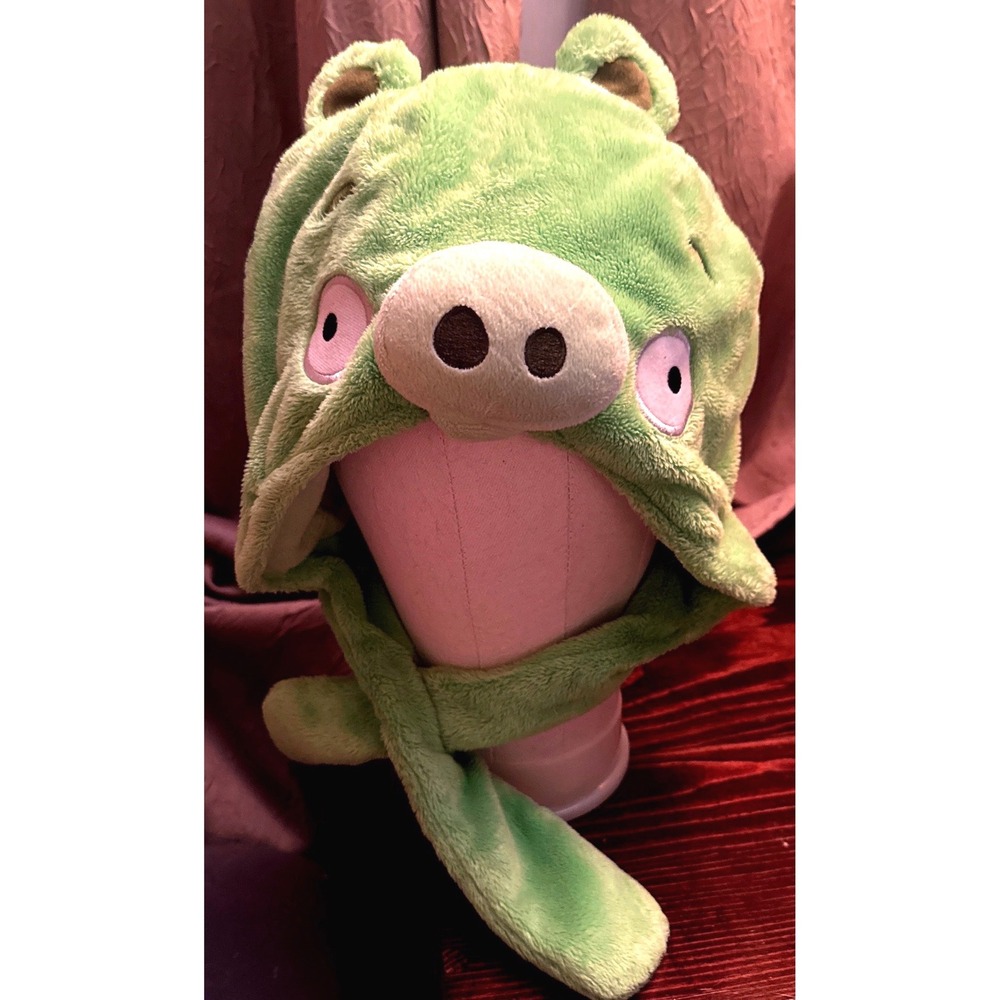 Angry Birds Green Pig Plush Ear Flap Hat Y2K Winter Rovio Gamer 3D Snout OSFM